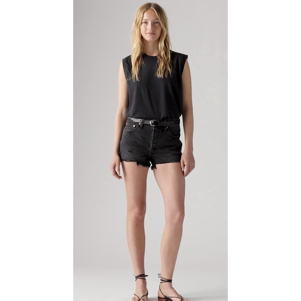 Levi's 501 High Rise Button Fly Distressed Hem Shorts Size 26 Stowaway Black
